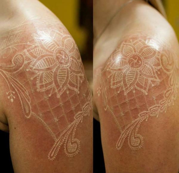 White Ink Shoulder Flower Tattoo