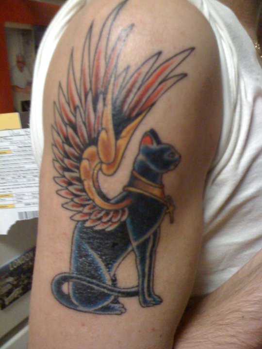 Winged Egyptian Bastet Cat Tattoo On Half Sleeve