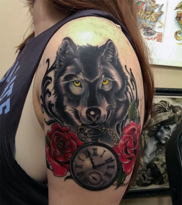 Wolf And Clock Tattoo Design