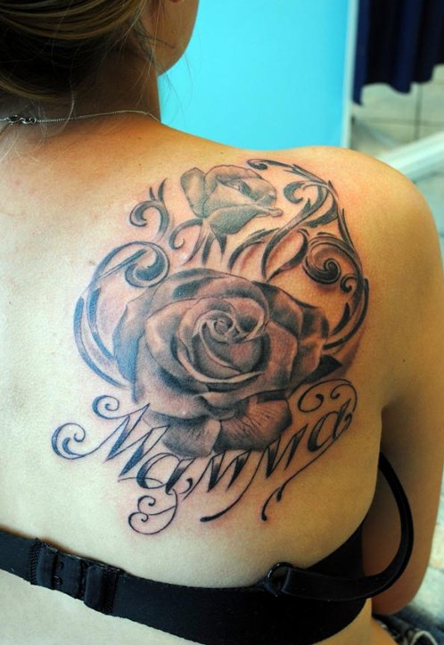 Wonderful Black Flower Tattoo For Shoulder Back