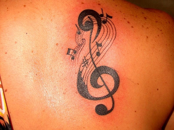 Wonderful Black Music Note Tattoo On Shoulder Back