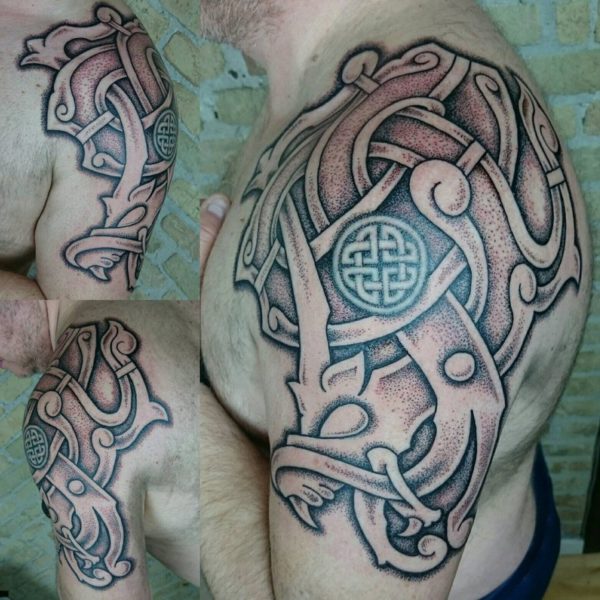 Wonderful Celtic Armour Shoulder Tattoo Design