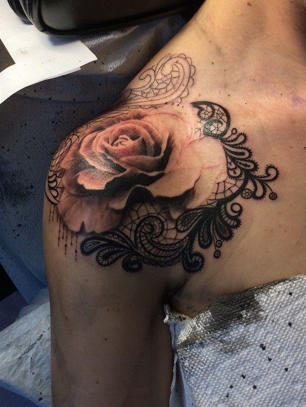 Wonderful Flower Lace Shoulder Tattoo Design