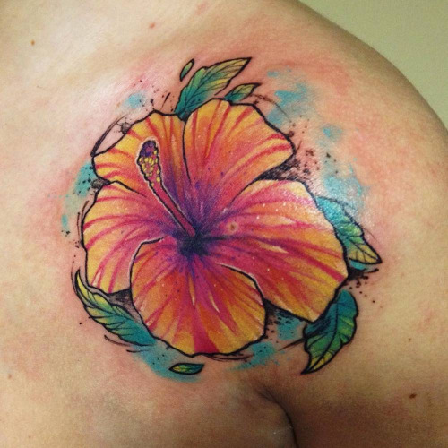 Wonderful Hibiscus Tattoo On Front Shoulder