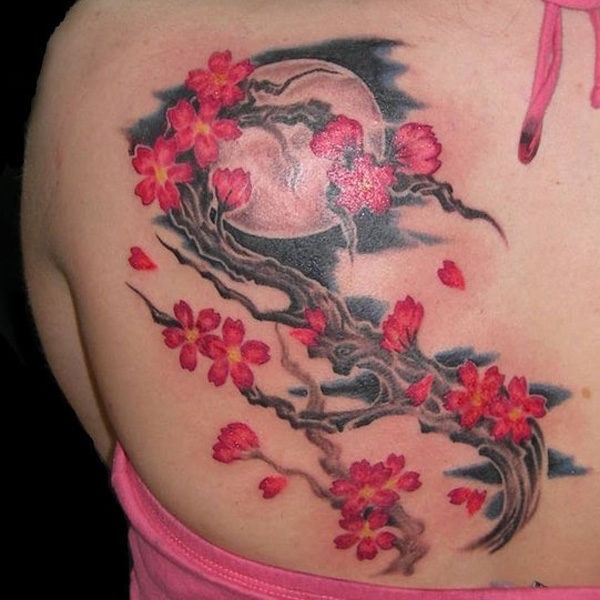 Wonderful Red Cherry Blossom Tree Tattoo