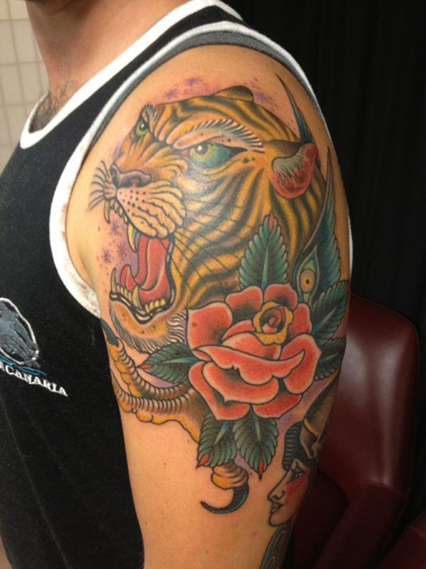 Wonderful Rose And Tiger Tattoo