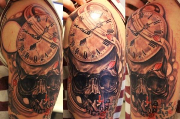 Wonderful Skull And Clock Tattoo