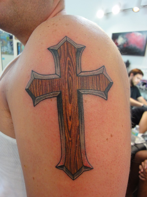 Wooden Cross Shoulder Tattoo