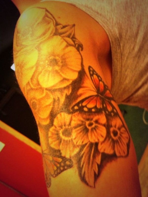 Yellow Flower And Butterfly Tattoo