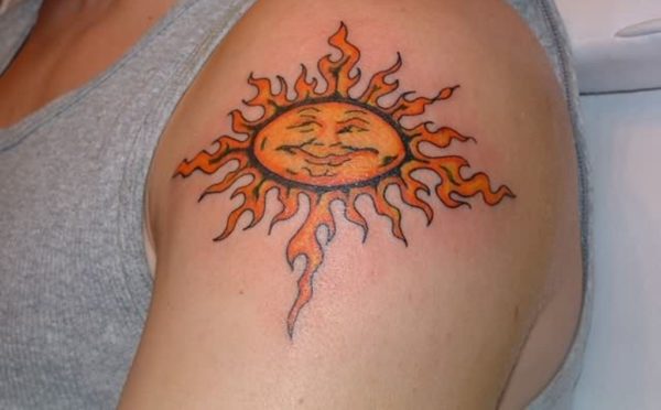 Yellow Sun Tattoo On Shoulder