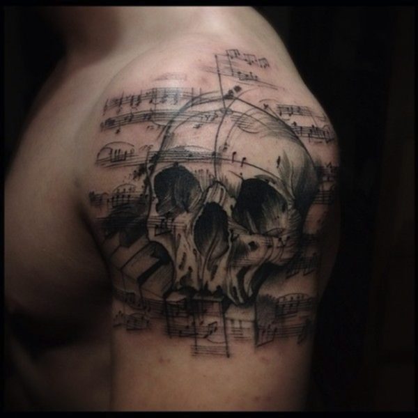 Skull And Music Notes By Victor Montaghini Sao Paulo Brazil Music Tattoo