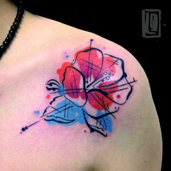 Subtle Hibiscus Shoulder Tattoo