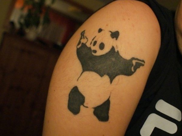 Banksy Panda With Guns Tattoo On Shoulder