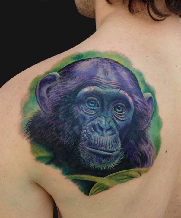Blue Monkey Face Shoulder Tattoo