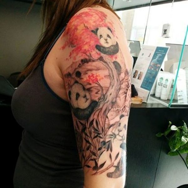 Colored Panda On Left Shoulder Tattoo