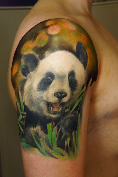 Colored Panda Shoulder Tattoo