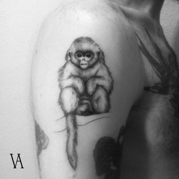 Cute Sitting Monkey Shoulder Tattoo
