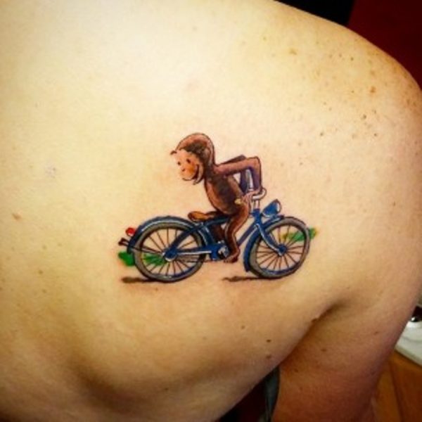Monkey Ridding Cycle Shoulder Tattoo